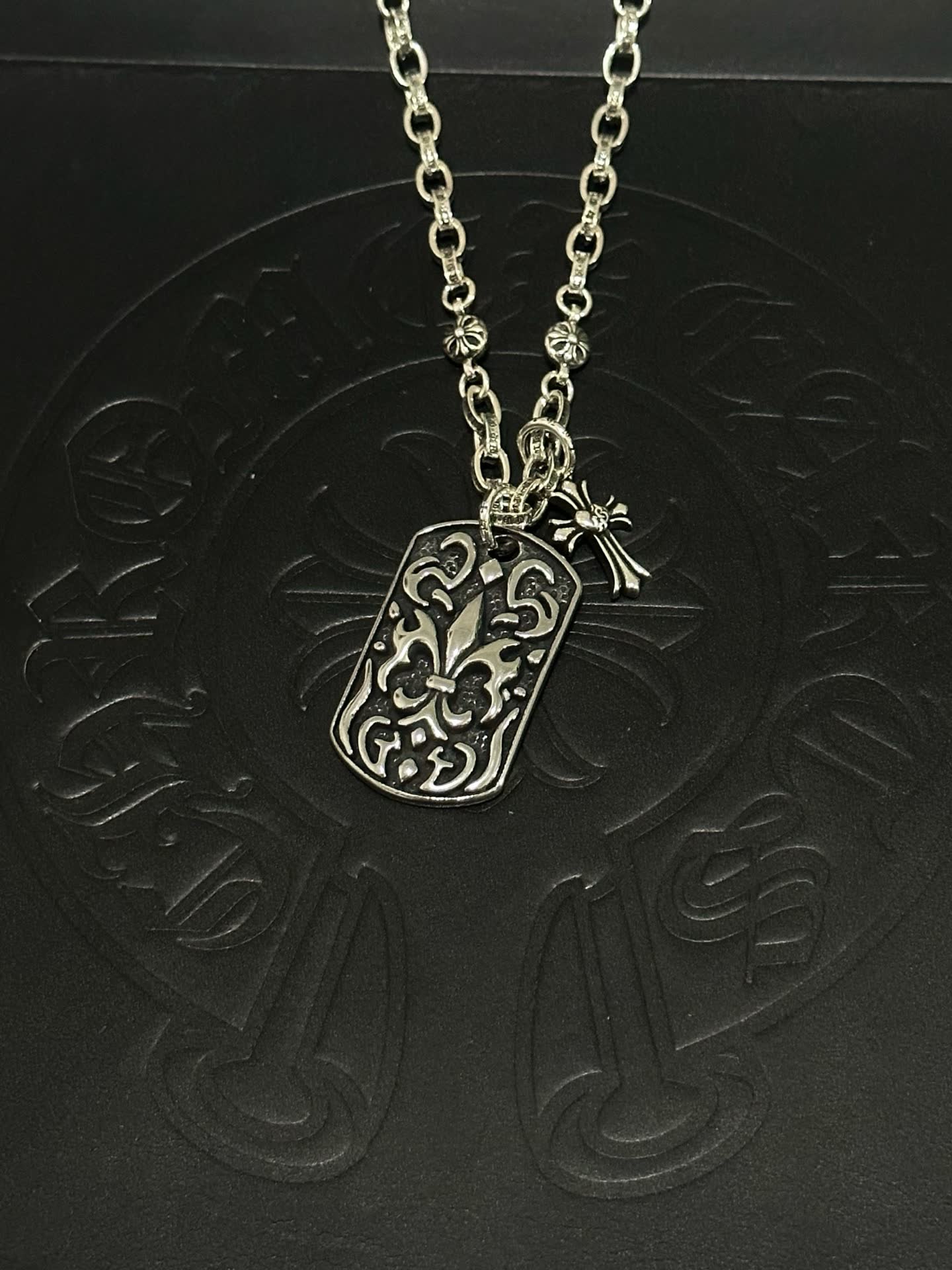 Chrome Hearts Silver Fleur-de-lis Dog Tag Necklace